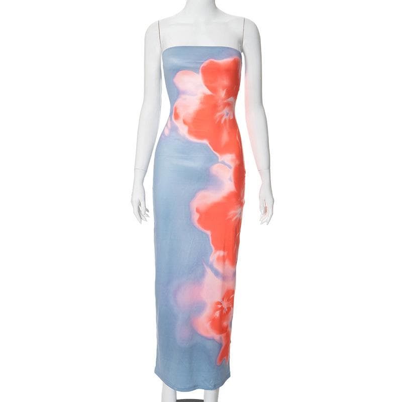 High slit flower print backless tube maxi dress