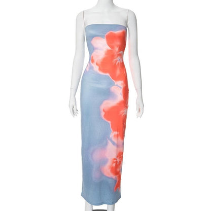High slit flower print backless tube maxi dress