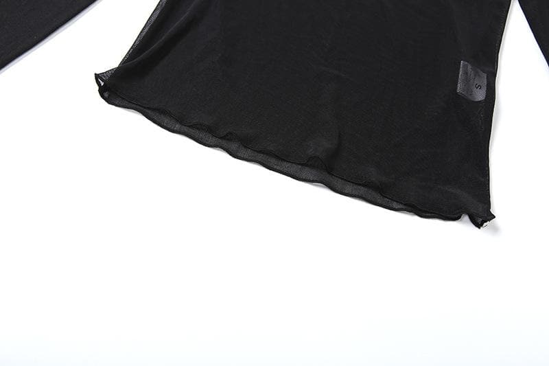 Long sleeve round neck letter sheer mesh top