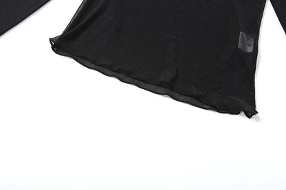 Long sleeve round neck letter sheer mesh top
