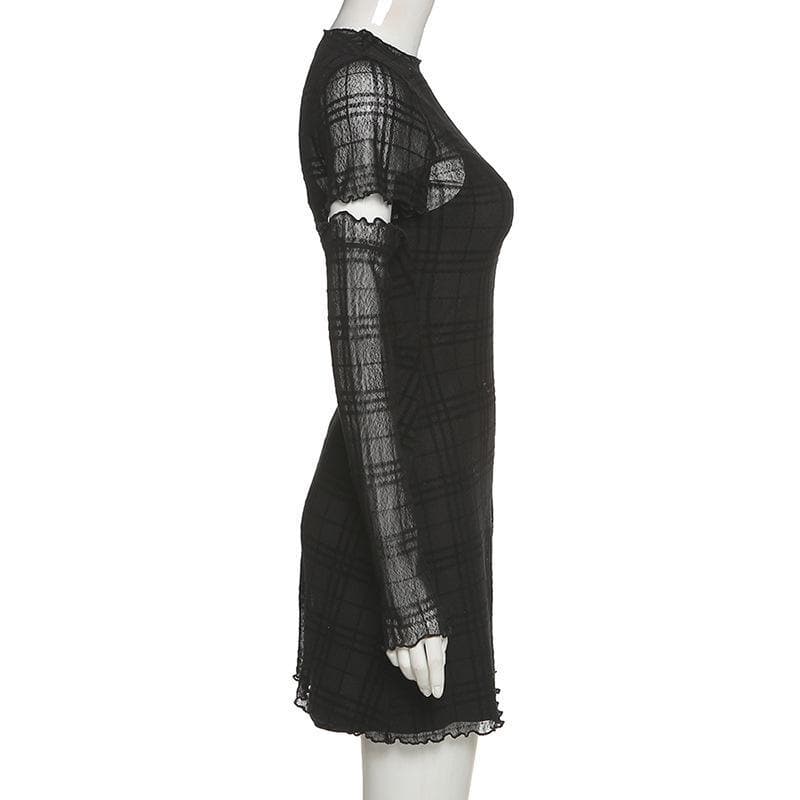 Ruffled mesh plaid long sleeve dress