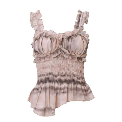 Ruffle tie dye smocked sweetheart neck cami top