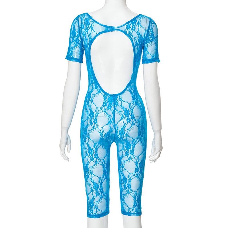 Short sleeve lace see through backless romper
