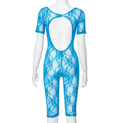 Short sleeve lace see through backless romper