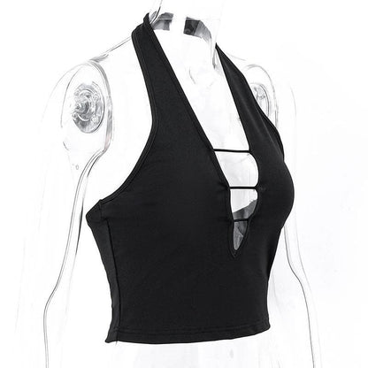 Halter irregular v neck backless solid crop top