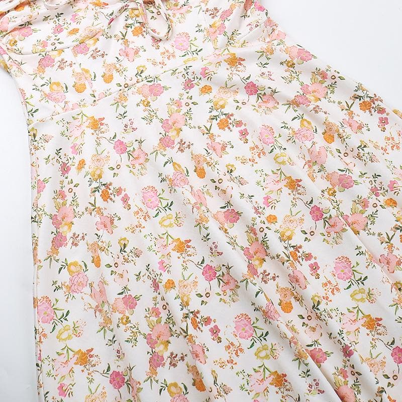 Drawstring ruched sweetheart neck flower print cami midi dress
