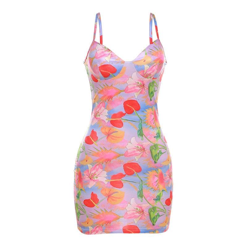 Sweetheart Neck Spaghetti Strap Floral Print Bodycon Mini Dress