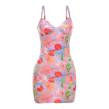 Sweetheart Neck Spaghetti Strap Floral Print Bodycon Mini Dress