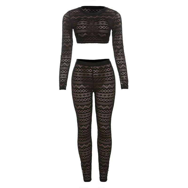 Long sleeve hollow out crewneck medium rise pant set