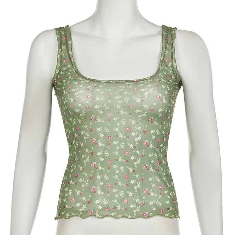Square neck ruffle sheer mesh flower print tan tank top