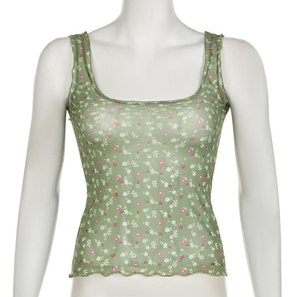 Square neck ruffle sheer mesh flower print tan tank top