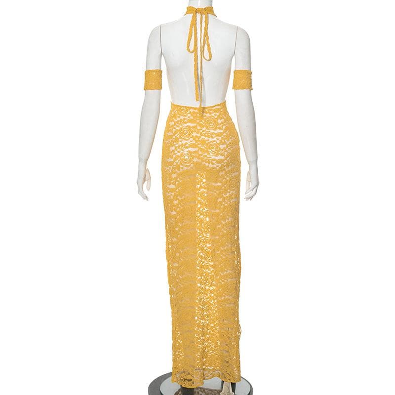 Halter hollow out lace backless cut out maxi dress