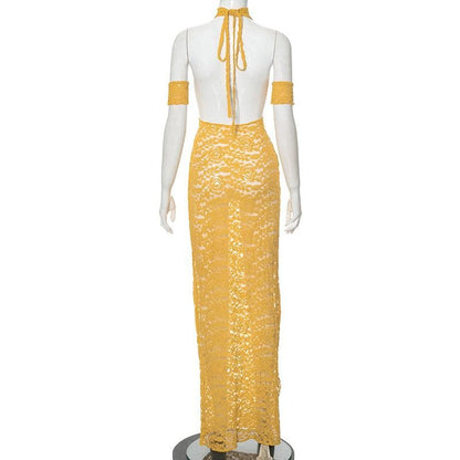 Halter hollow out lace backless cut out maxi dress