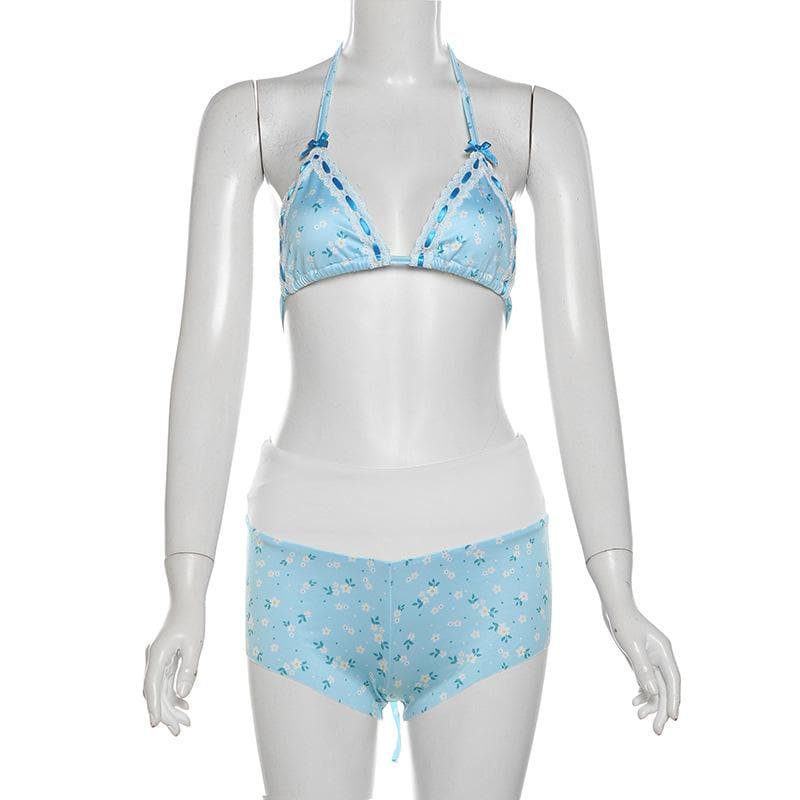 Halter self tie bowknot flower print pant set
