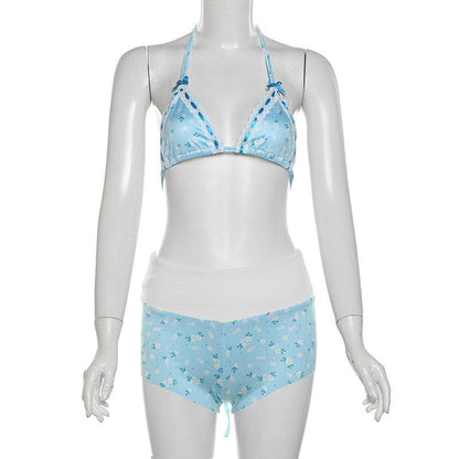 Halter self tie bowknot flower print pant set