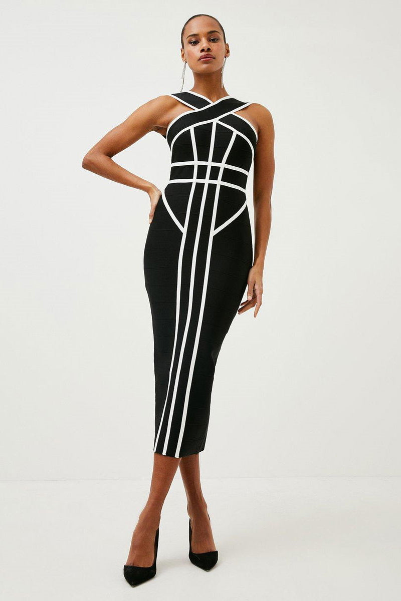 Myrna Cross Strap Color Block Midi Slit Dress