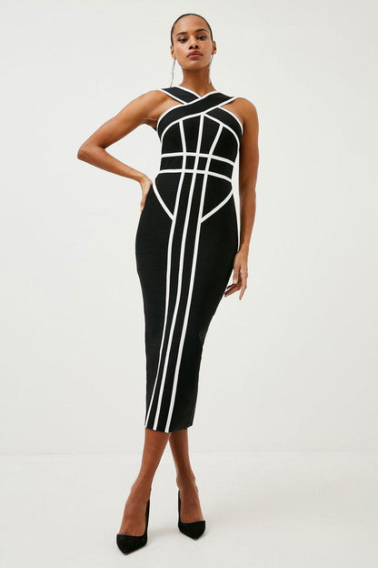 Myrna Cross Strap Color Block Midi Slit Dress