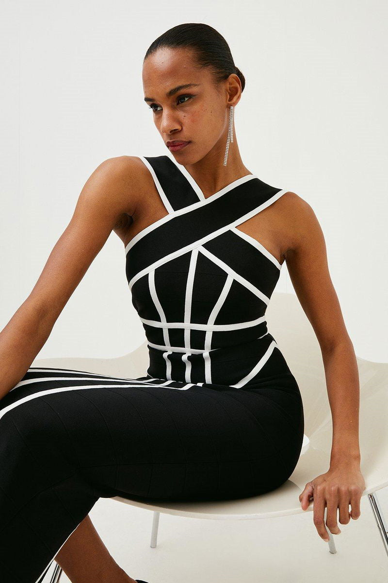 Myrna Cross Strap Color Block Midi Slit Dress