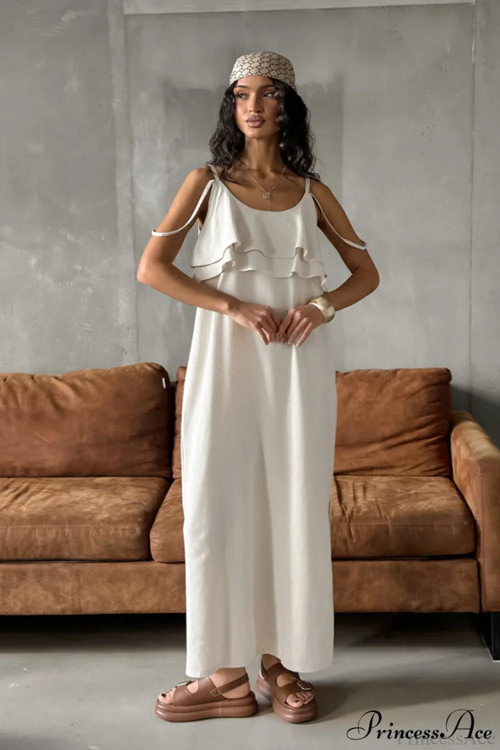 Khaki Linen Cami Ruffled Round Neck Maxi Dress