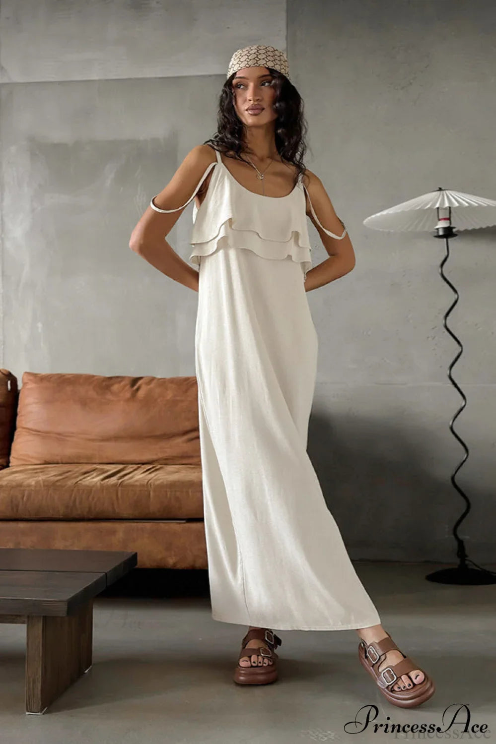 Khaki Linen Cami Ruffled Round Neck Maxi Dress