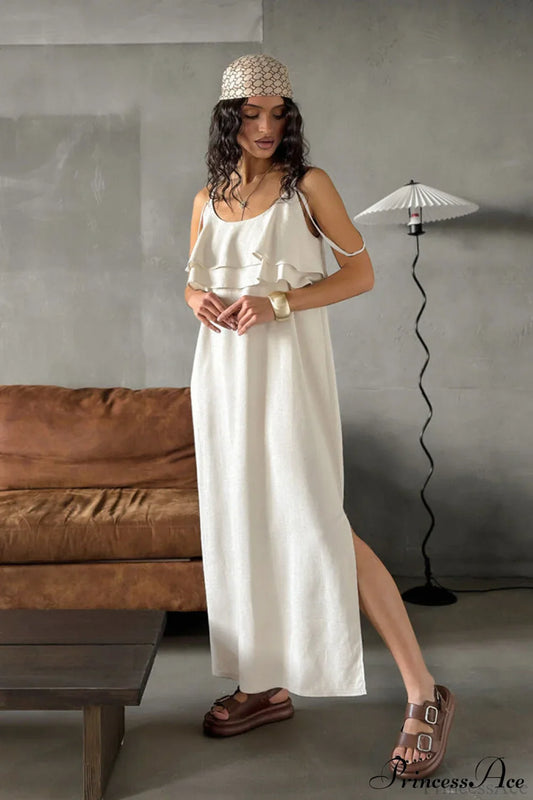 Khaki Linen Cami Ruffled Round Neck Maxi Dress