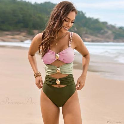 Khaki Metal Buckle Pleate One Piece Swimsuit