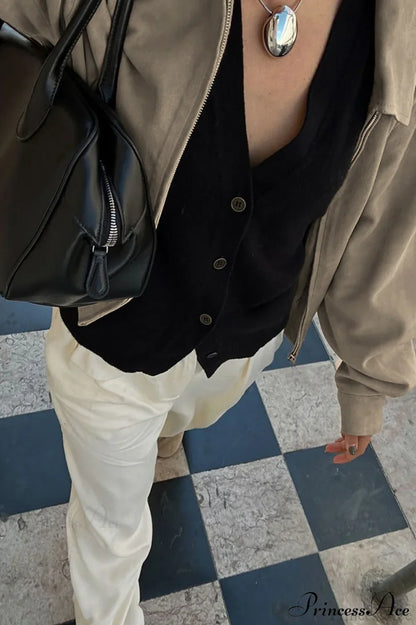 Khaki Suede Collared Oversized Retro Coat