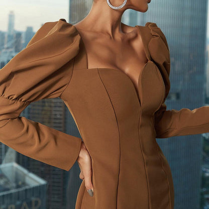 Sweetheart Puff Shoulder Princess Seam Long Sleeve Bodycon Mini Dress