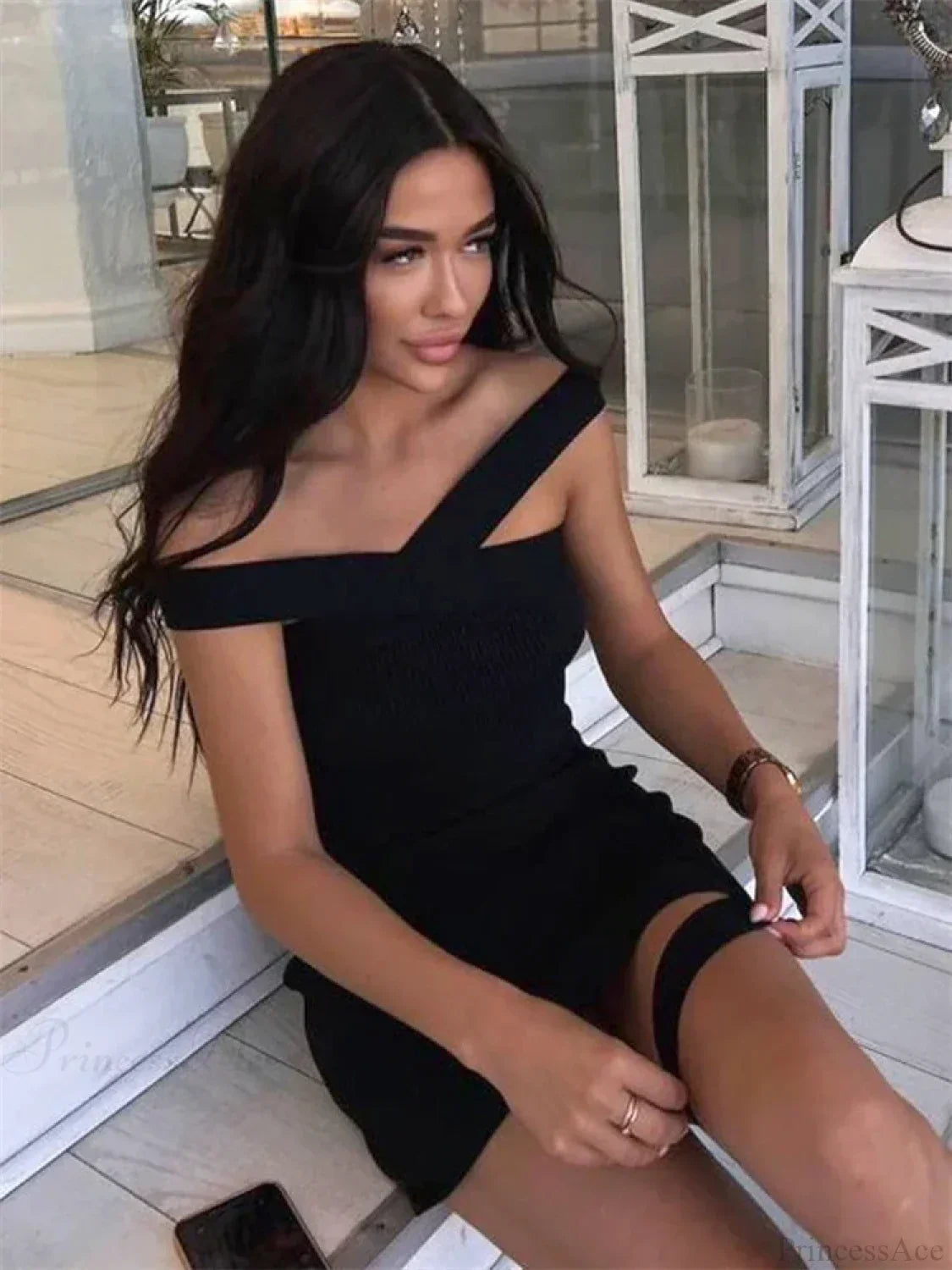 Off Shoulder Crossover Band Thigh Cutout Ribbed Knit Bodycon Mini Dress