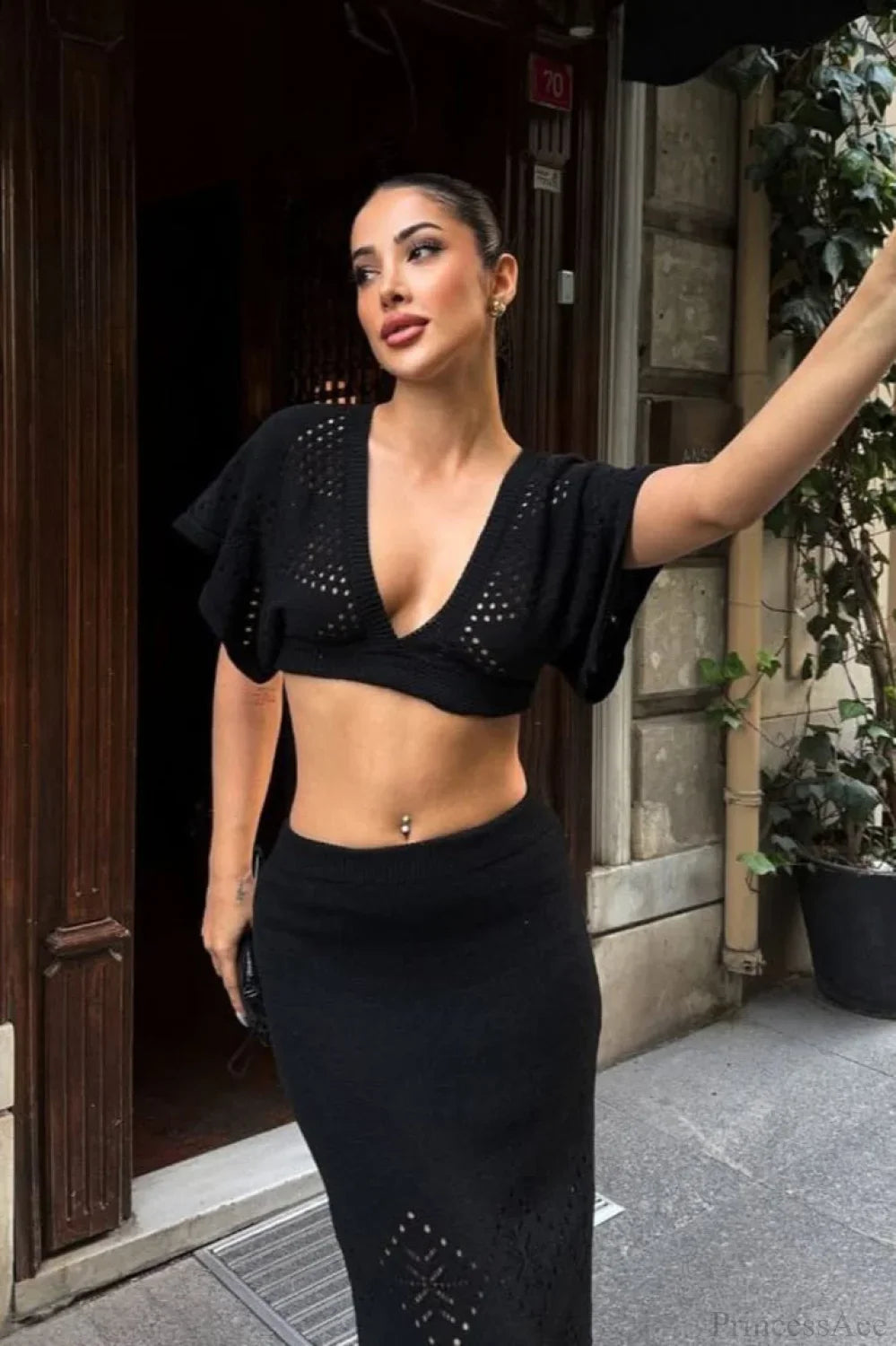 Knit Openwork V-Neck Cropped Bodycon Two Piece Set