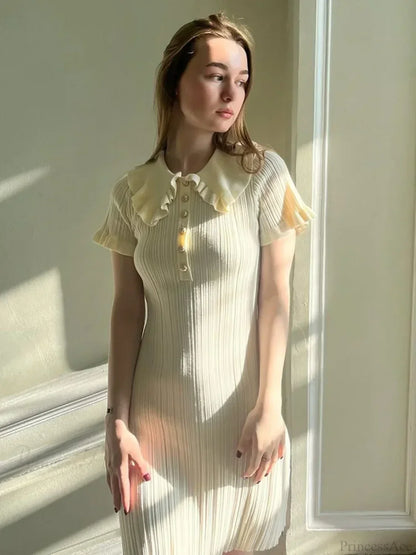 Polo Collar Ribbed Knit Ruffle Sleeve Button Front Mini Dress