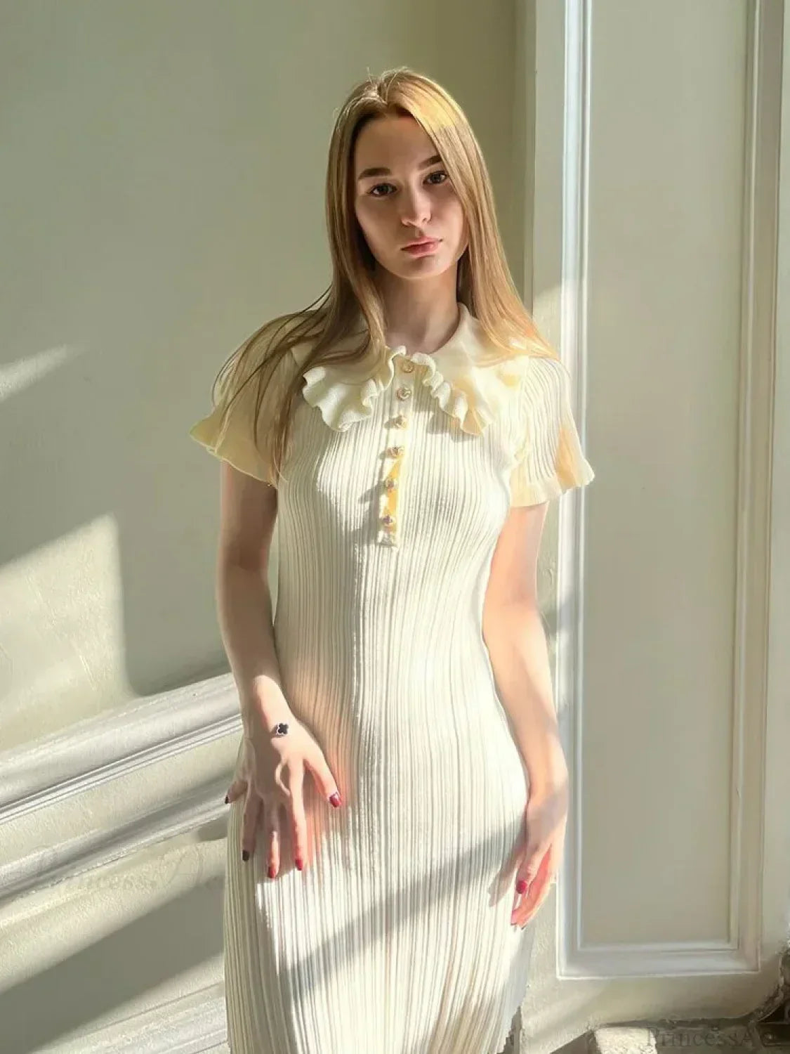 Polo Collar Ribbed Knit Ruffle Sleeve Button Front Mini Dress