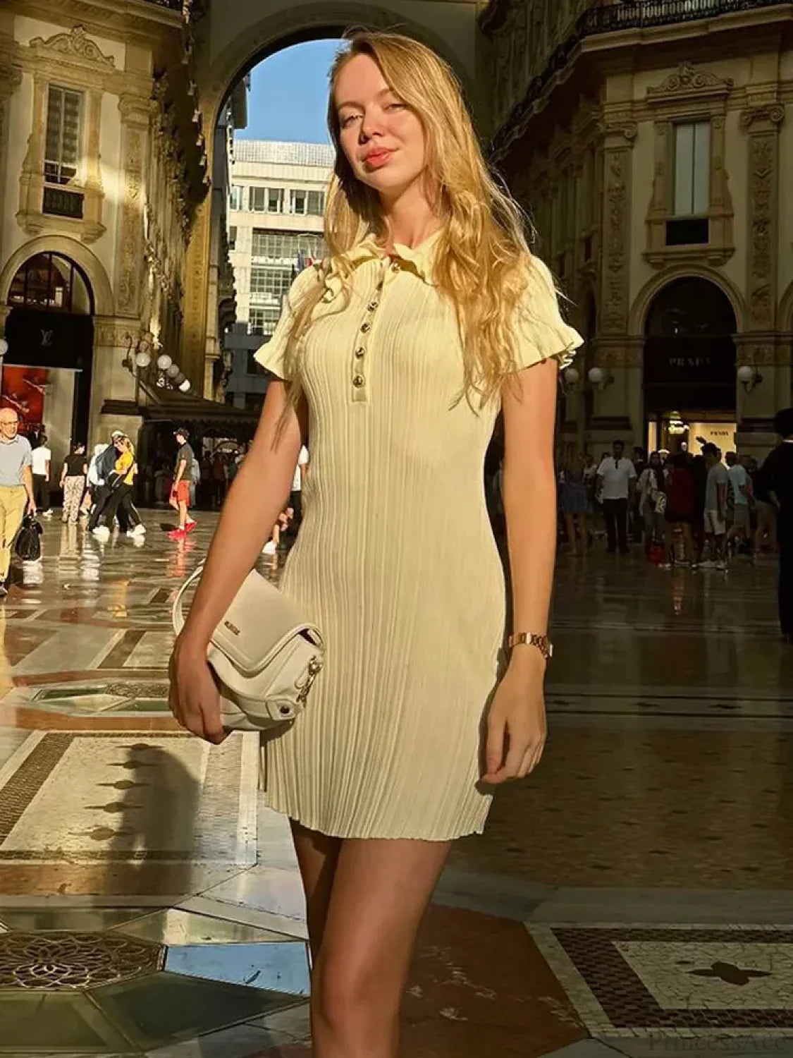 Polo Collar Ribbed Knit Ruffle Sleeve Button Front Mini Dress