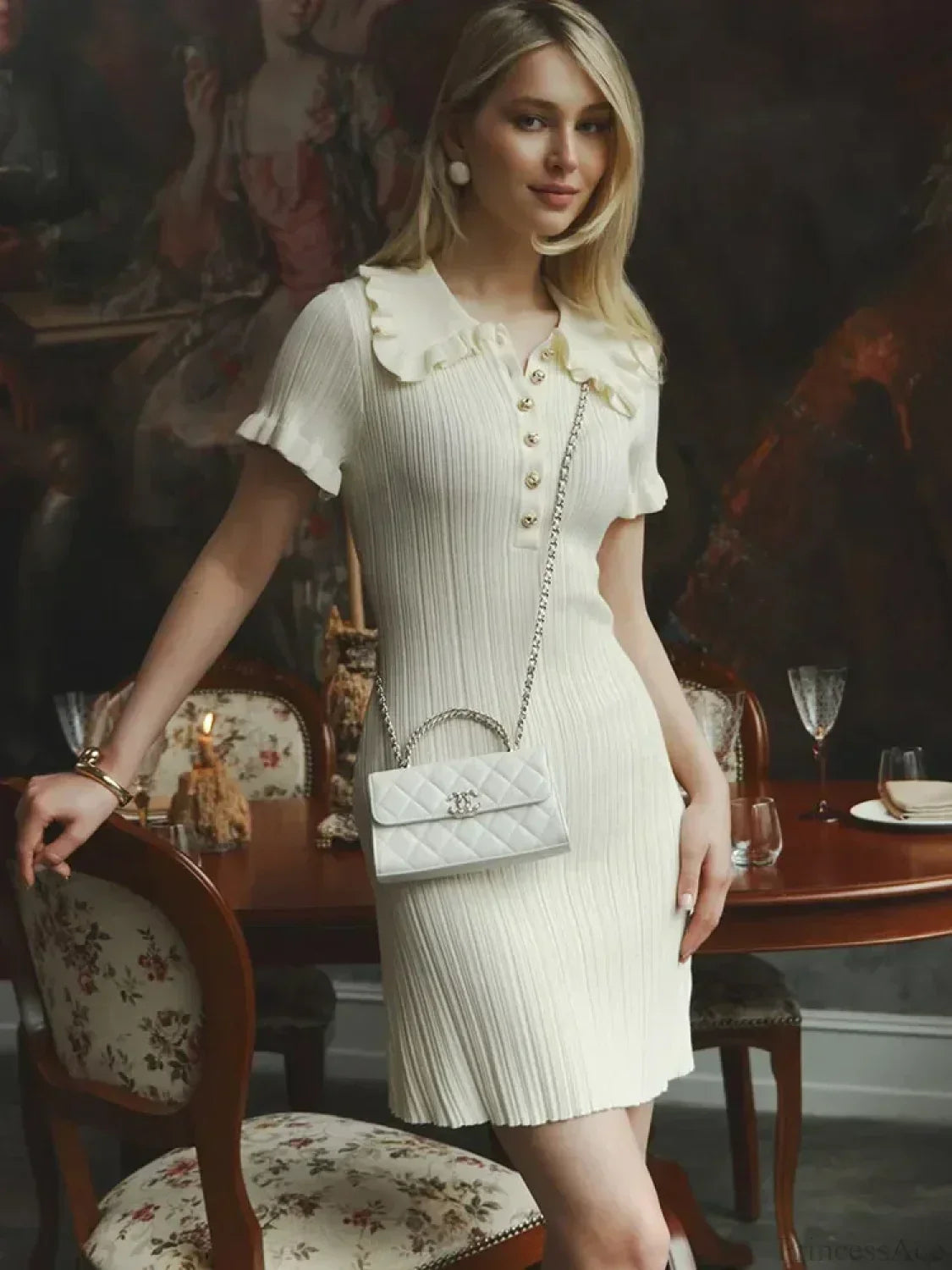 Polo Collar Ribbed Knit Ruffle Sleeve Button Front Mini Dress