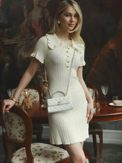 Polo Collar Ribbed Knit Ruffle Sleeve Button Front Mini Dress