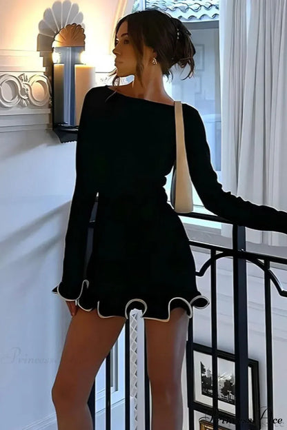 Boat Neck Long Sleeve Ruffle Cuff Contrast Trim Rib Knit Mini Dress