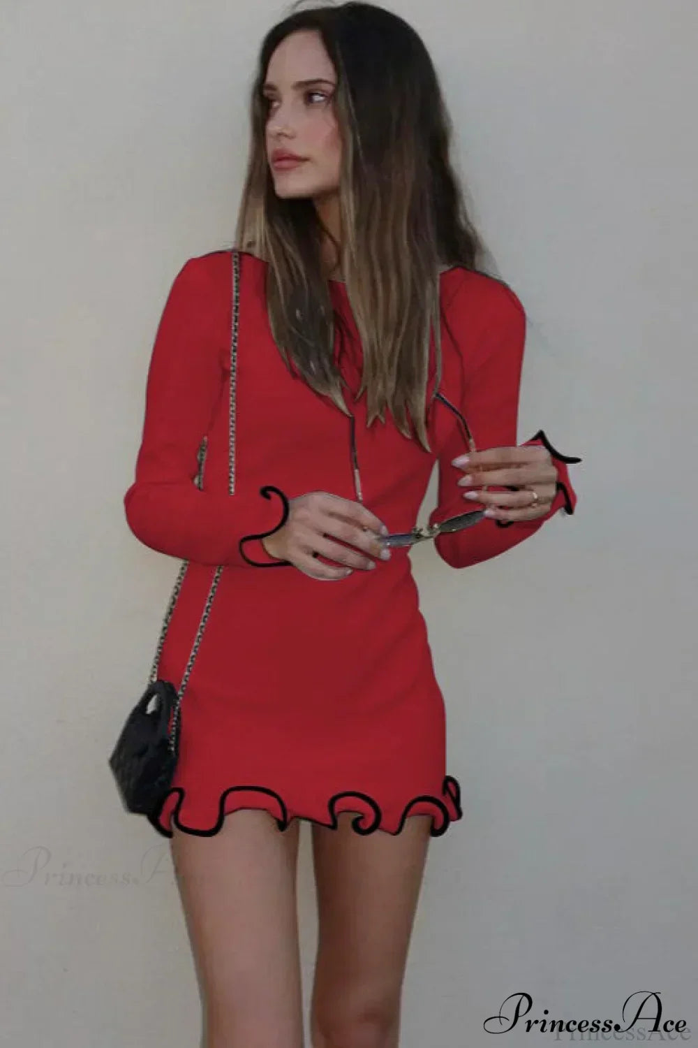Boat Neck Long Sleeve Ruffle Cuff Contrast Trim Rib Knit Mini Dress