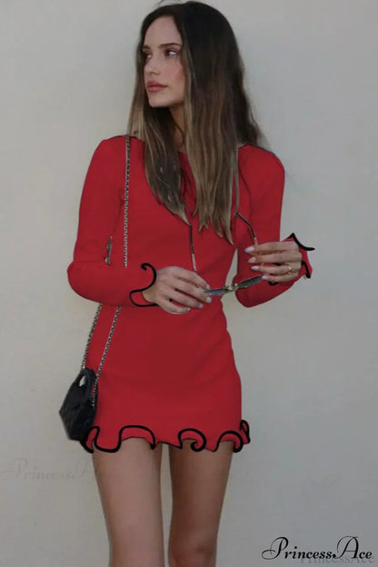 Boat Neck Long Sleeve Ruffle Cuff Contrast Trim Rib Knit Mini Dress