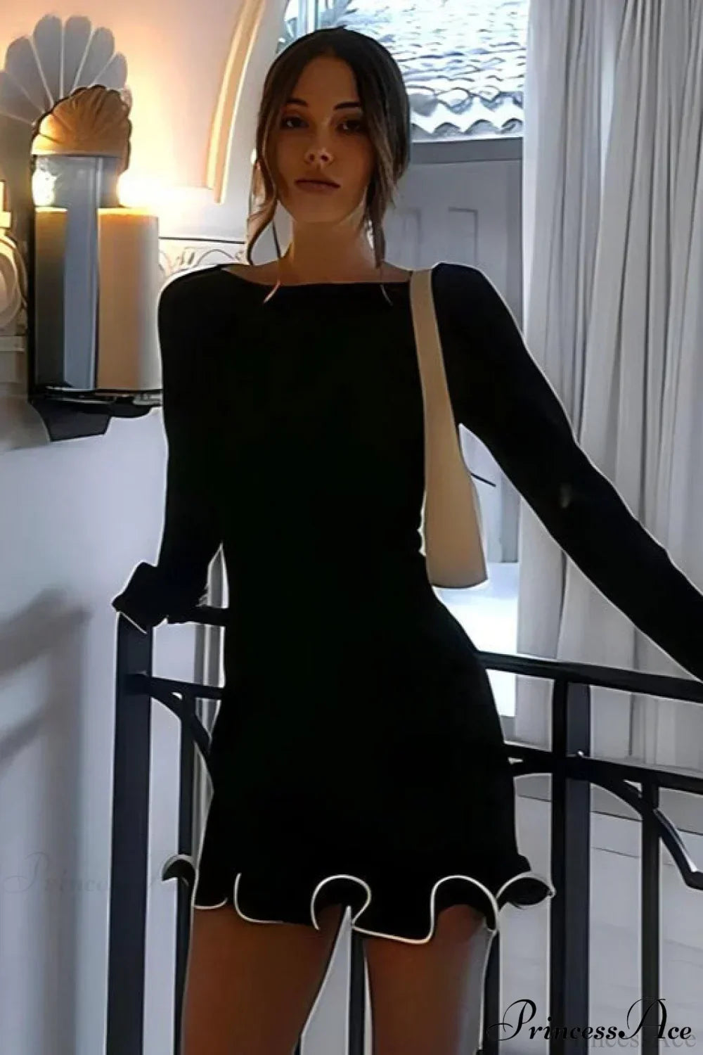 Boat Neck Long Sleeve Ruffle Cuff Contrast Trim Rib Knit Mini Dress
