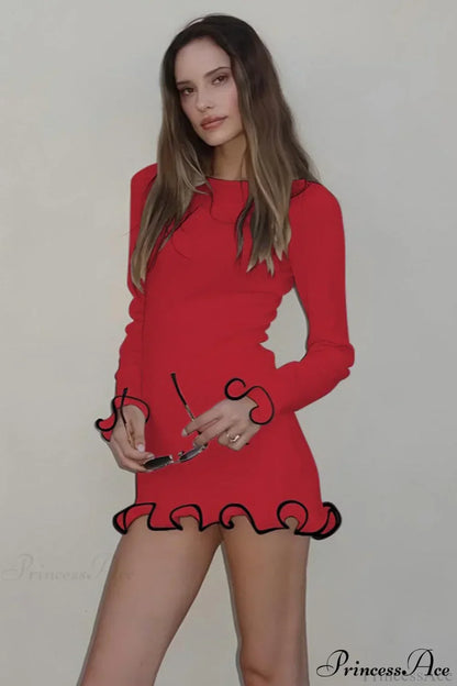 Boat Neck Long Sleeve Ruffle Cuff Contrast Trim Rib Knit Mini Dress