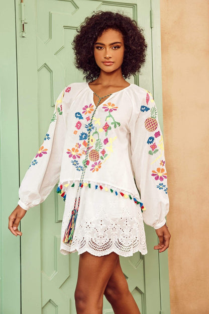 Kyndall Embroidered Floral Tassel Blouse