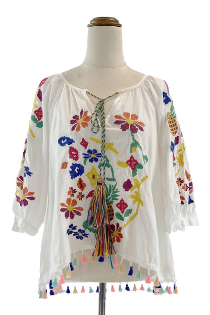 Kyndall Embroidered Floral Tassel Blouse