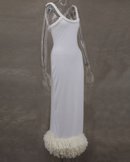 Woven Flax Rope Wrap Hips Fringe Dress