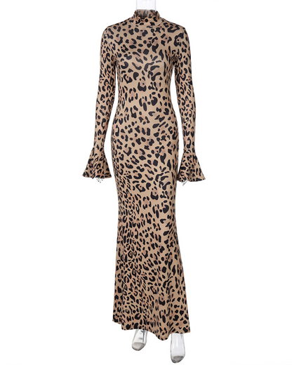 Leopard Print High Collar Stylish Slimming Dress