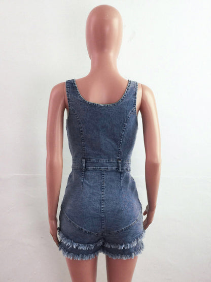 Deep V Neck Denim Romper For Women - Medium Blue Sexy Bodycon Frayed Hem Shorts Jumpsuit - Summer Music Festival Party 2026