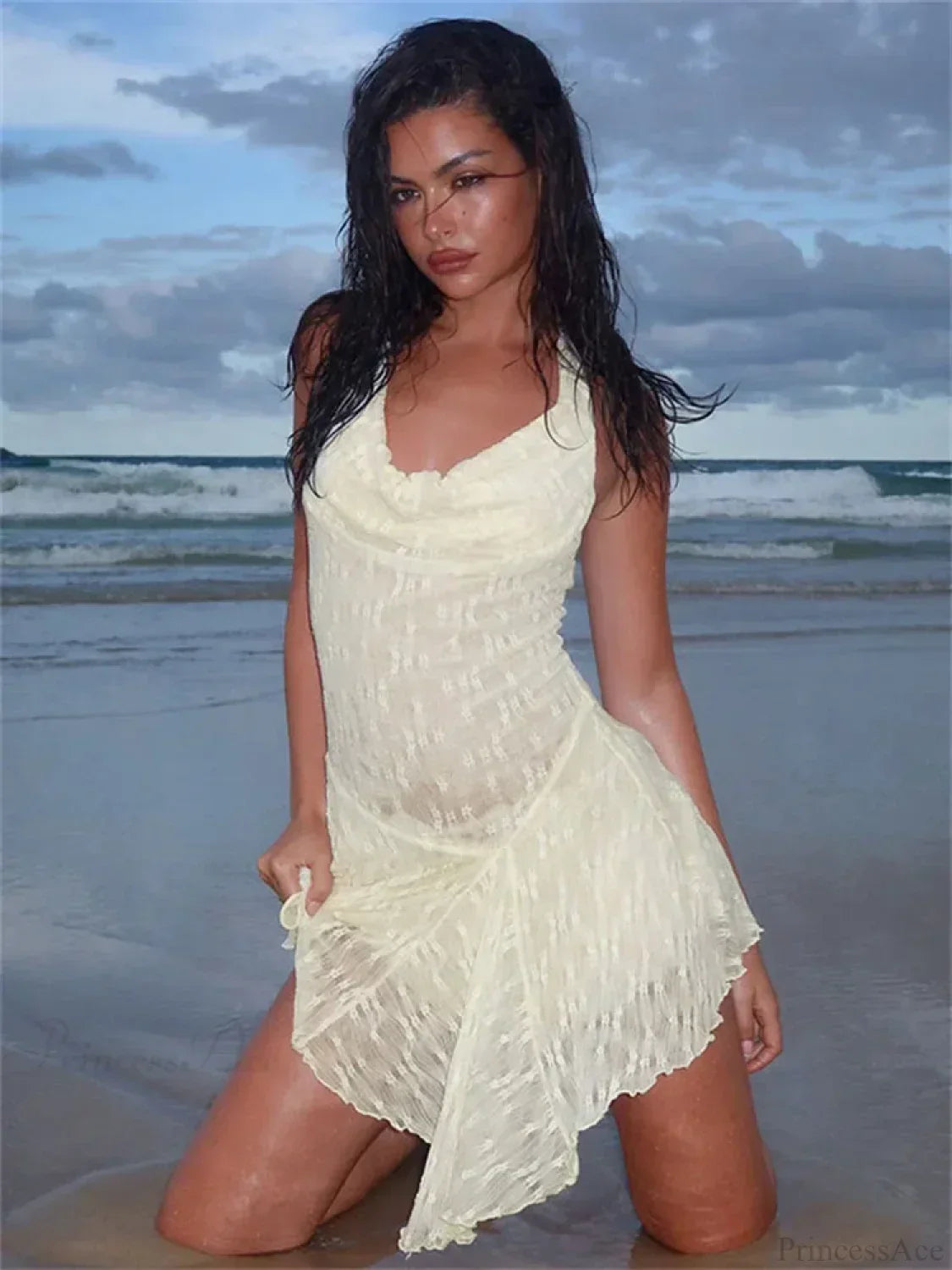 Halter Cowl Neck Open Back Asymmetrical Ruffled Hem Mini Dress