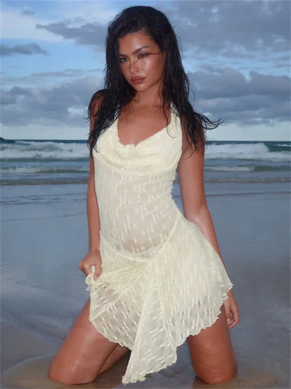 Halter Cowl Neck Open Back Asymmetrical Ruffled Hem Mini Dress