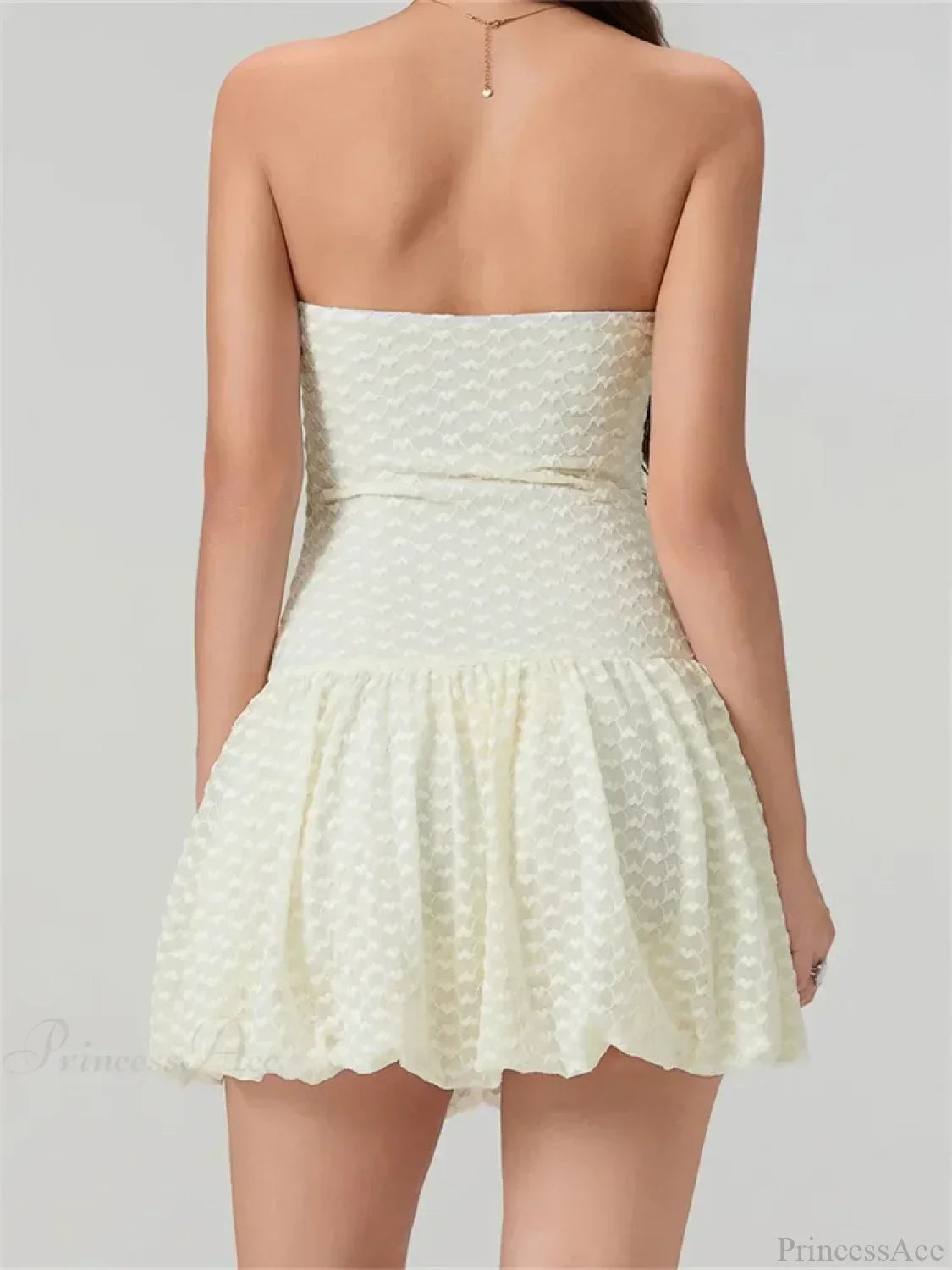 Heart Texture Bow Trim Strapless Bubble Hem Mini Dress
