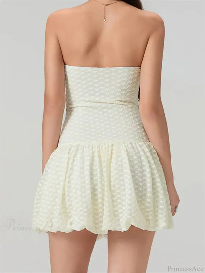 Heart Texture Bow Trim Strapless Bubble Hem Mini Dress