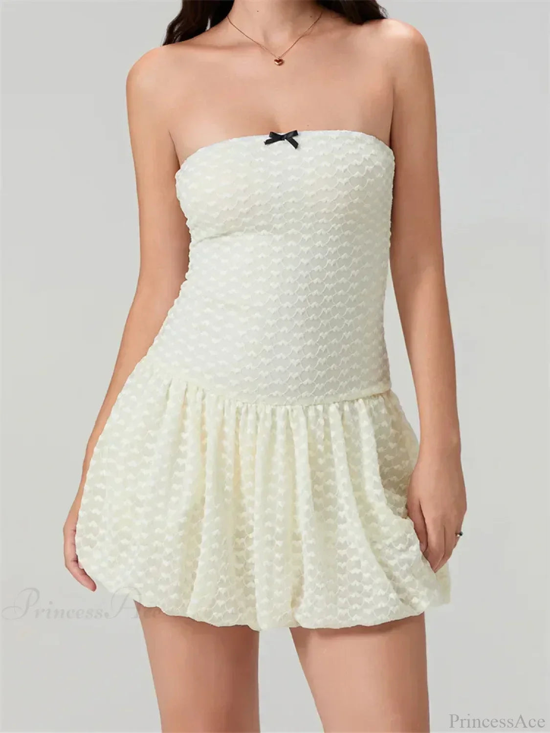 Heart Texture Bow Trim Strapless Bubble Hem Mini Dress